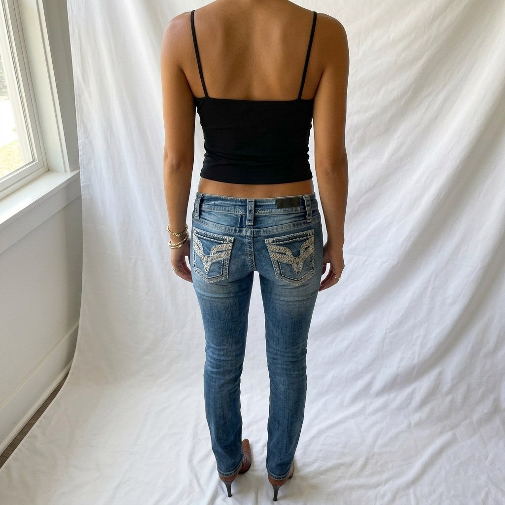 Vintage Y2K Light Wash Low Rise Flare Jeans with Embellished Pockets