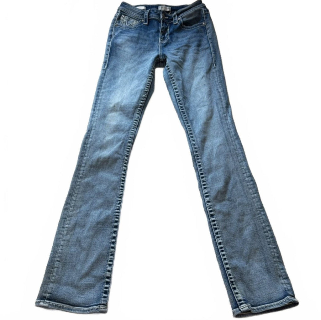 Vintage Y2K Light Wash Low Rise Flare Jeans with Embellished Pockets detail 3