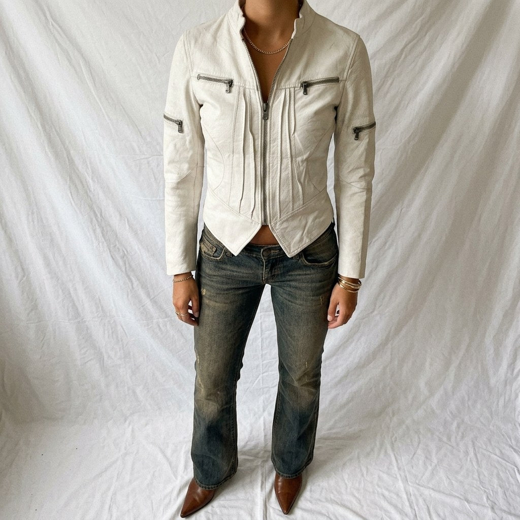 Vintage Y2K White Leather Zip Up Biker Jacket