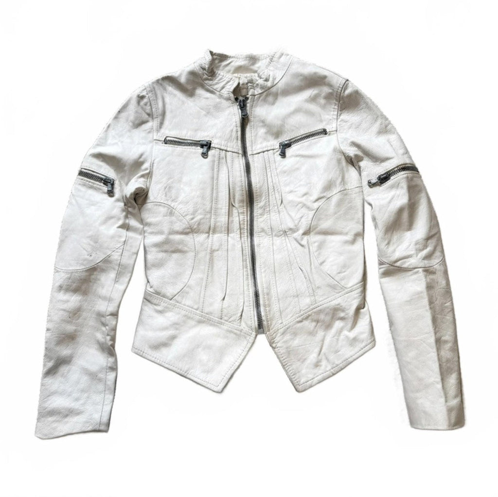 Vintage Y2K White Leather Zip Up Biker Jacket detail 2