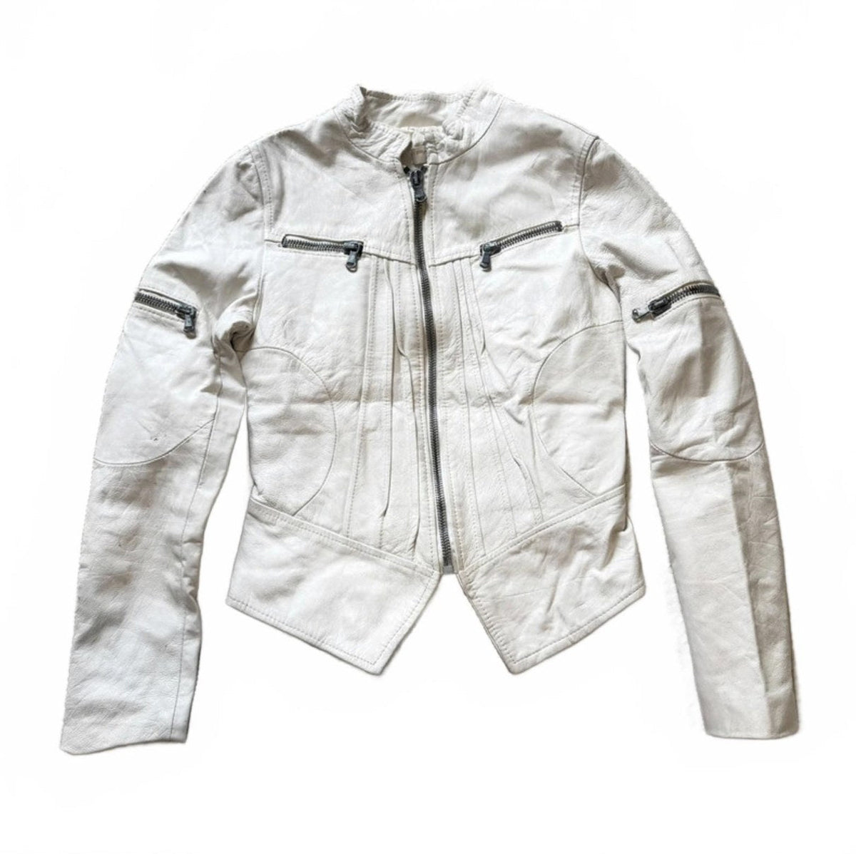 Vintage Y2K White Leather Zip Up Biker Jacket detail 2