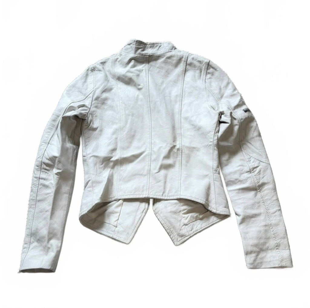 Vintage Y2K White Leather Zip Up Biker Jacket detail 3