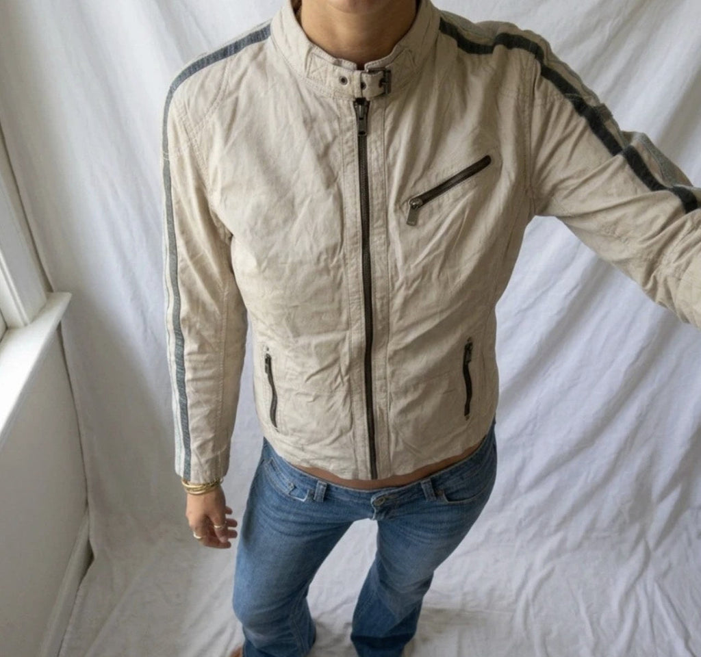 Vintage Y2K Beige Racer Jacket with Contrast Stripes