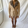 Vintage Y2K Beige Belted Jacket with Faux Fur Collar and Embroidered Cuffs