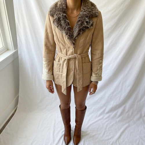 Vintage Y2K Beige Belted Jacket with Faux Fur Collar and Embroidered Cuffs