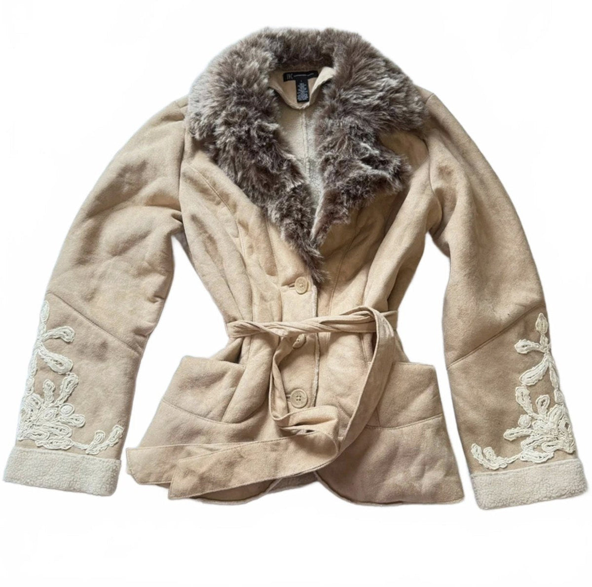 Vintage Y2K Beige Belted Jacket with Faux Fur Collar and Embroidered Cuffs detail 2