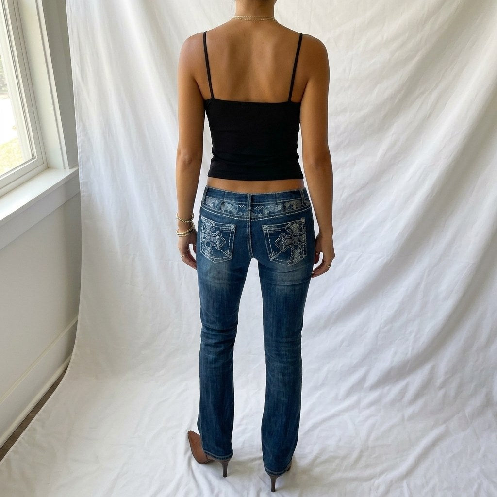 Vintage Y2K Dark Wash Cross Embellished Low Rise Flare Jeans