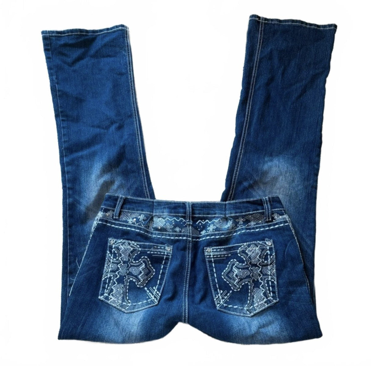 Vintage Y2K Dark Wash Cross Embellished Low Rise Flare Jeans detail 2
