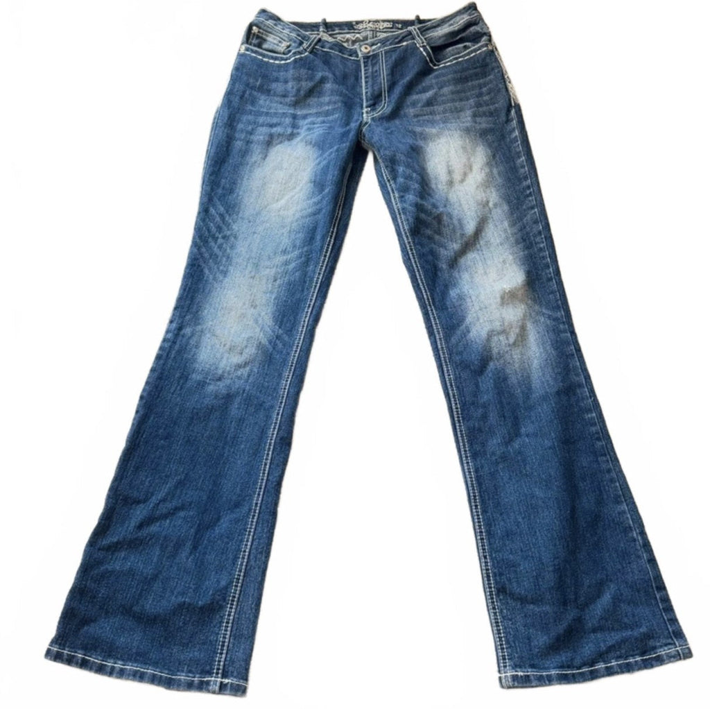 Vintage Y2K Dark Wash Cross Embellished Low Rise Flare Jeans detail 3