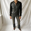 Vintage Y2K Black Leather Bomber Jacket with Suede Sleeves