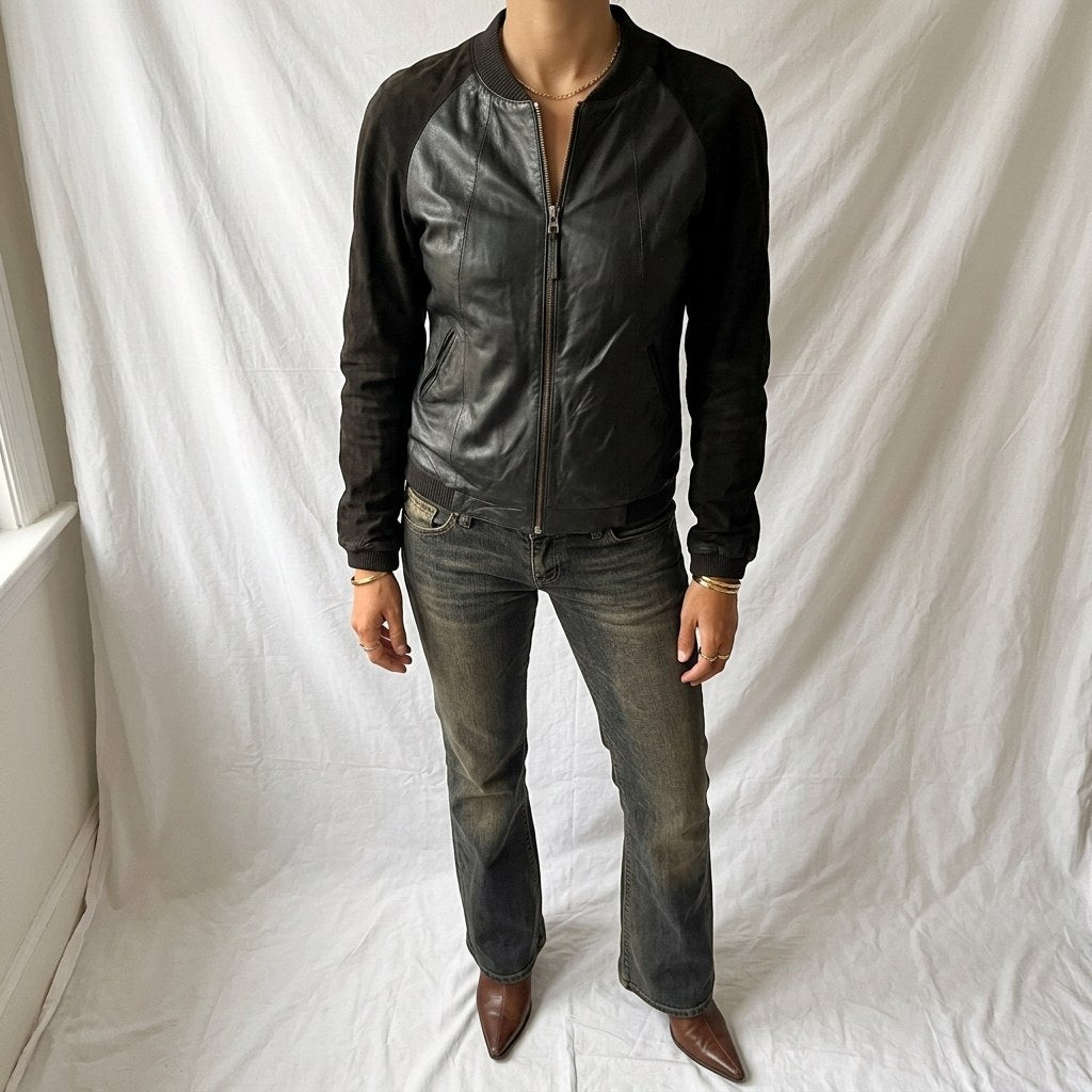 Vintage Y2K Black Leather Bomber Jacket with Suede Sleeves