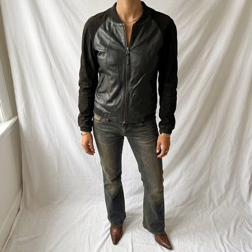 Vintage Y2K Black Leather Bomber Jacket with Suede Sleeves