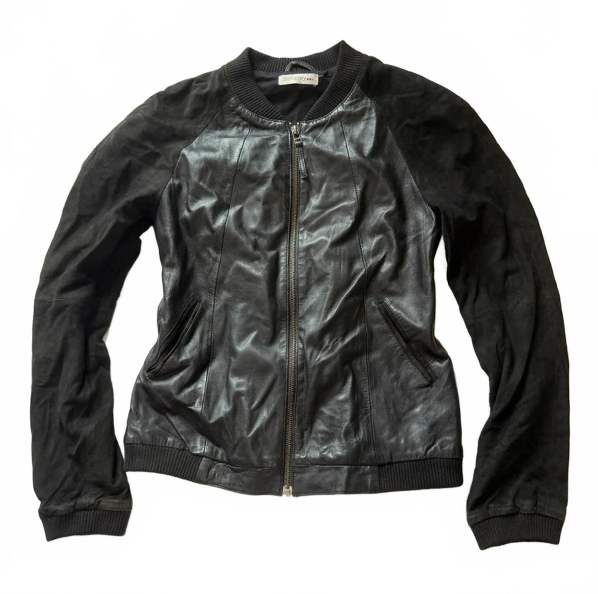 Vintage Y2K Black Leather Bomber Jacket with Suede Sleeves detail 2