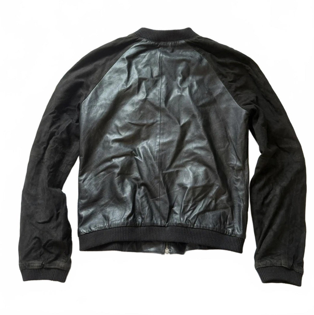 Vintage Y2K Black Leather Bomber Jacket with Suede Sleeves detail 3