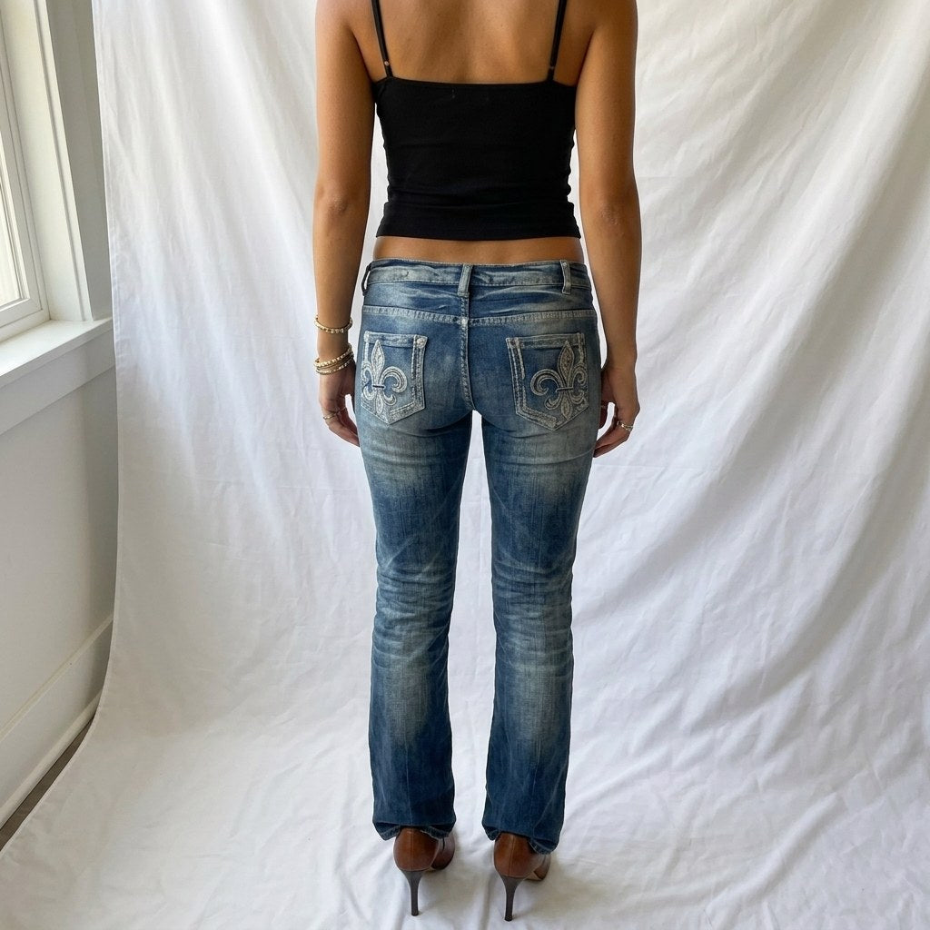Vintage Y2K Embroidered Flare Jeans with Fleur de Lis Pockets