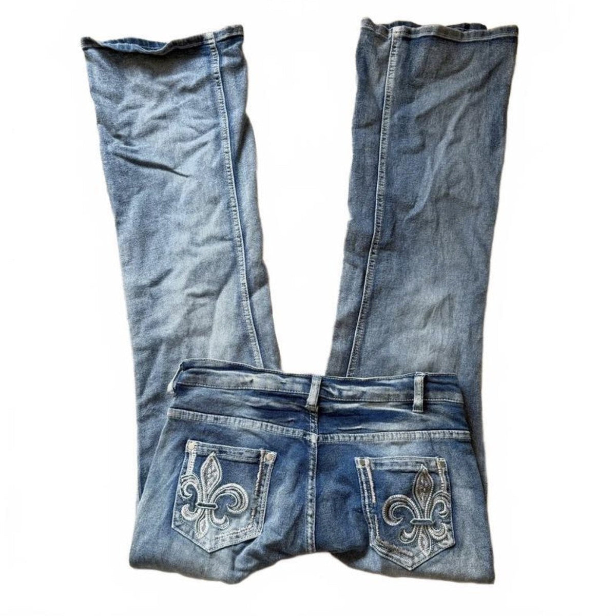 Vintage Y2K Embroidered Flare Jeans with Fleur de Lis Pockets detail 2