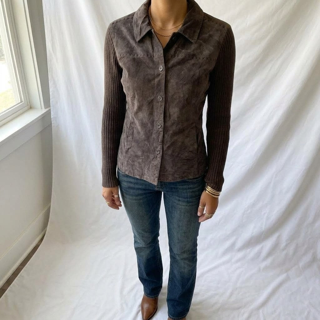 Vintage Y2K Brown Suede Leather Jacket with Ribbed Knit Sleeves