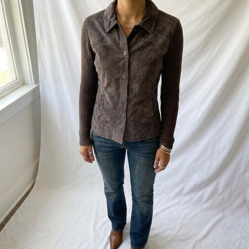 Vintage Y2K Brown Suede Leather Jacket with Ribbed Knit Sleeves