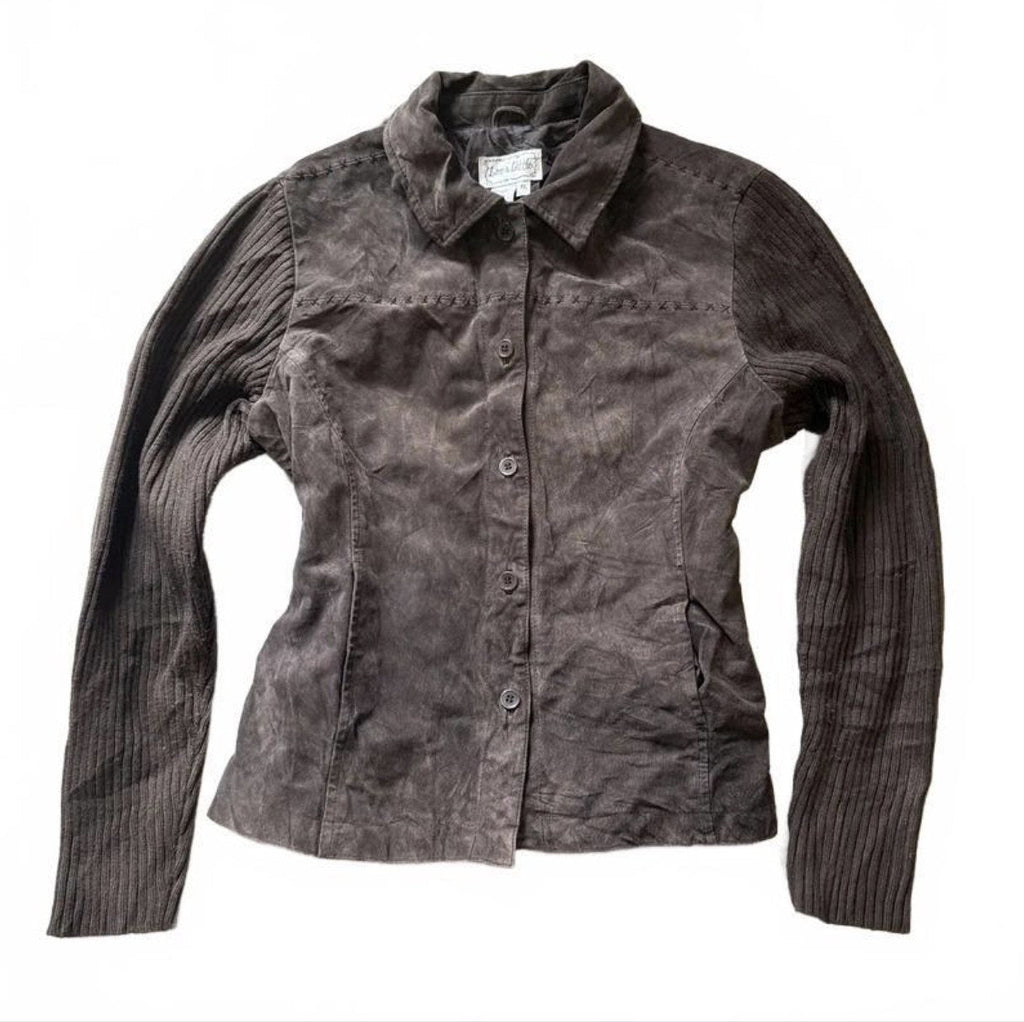 Vintage Y2K Brown Suede Leather Jacket with Ribbed Knit Sleeves detail 2