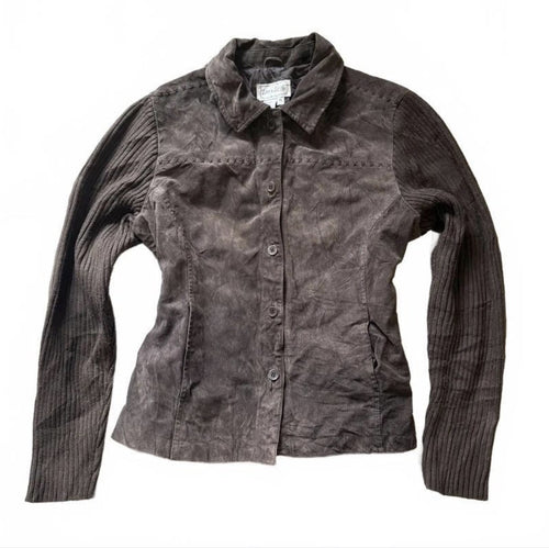 Vintage Y2K Brown Suede Leather Jacket with Ribbed Knit Sleeves detail 2