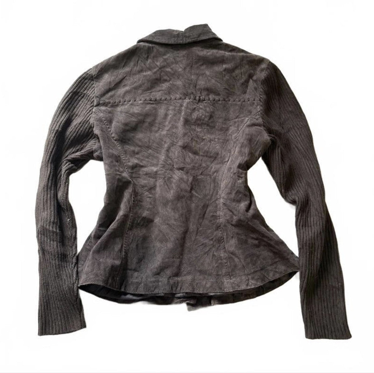 Vintage Y2K Brown Suede Leather Jacket with Ribbed Knit Sleeves detail 3