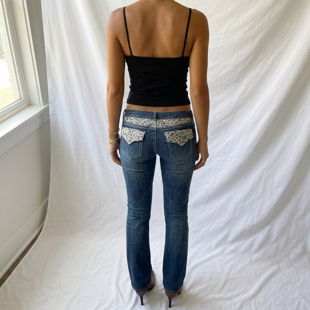 Vintage Y2K Embellished Low Rise Flare Jeans with Lace Trim