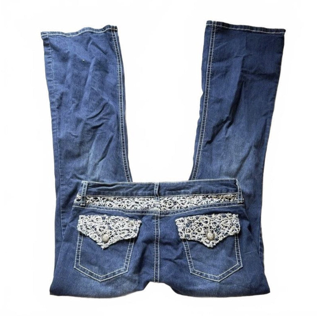 Vintage Y2K Embellished Low Rise Flare Jeans with Lace Trim detail 2