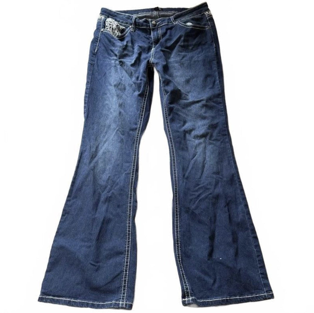 Vintage Y2K Embellished Low Rise Flare Jeans with Lace Trim detail 3