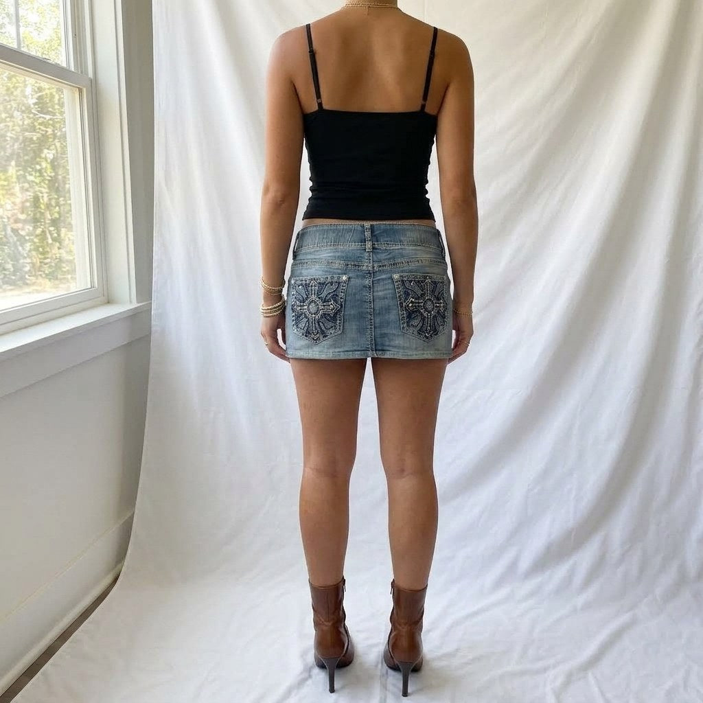 Vintage Y2K Low Rise Denim Mini Skirt with Embellished Pockets