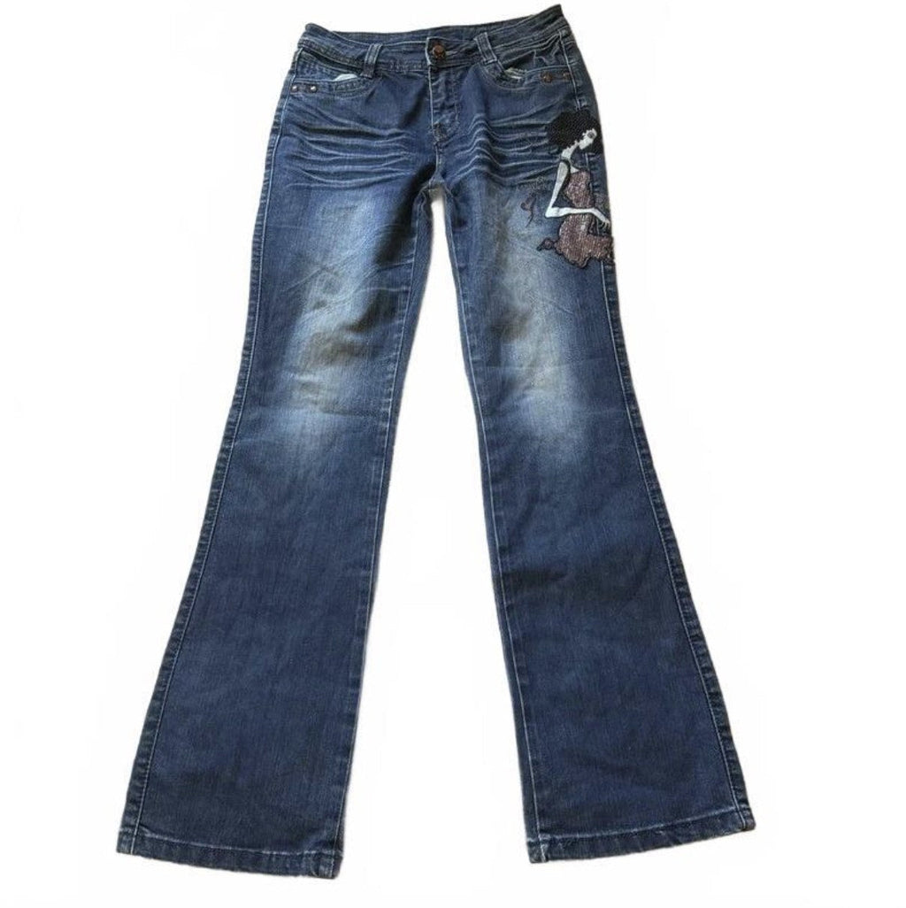 Vintage Y2K Low Rise Flare Jeans with Beaded Embroidery detail 3