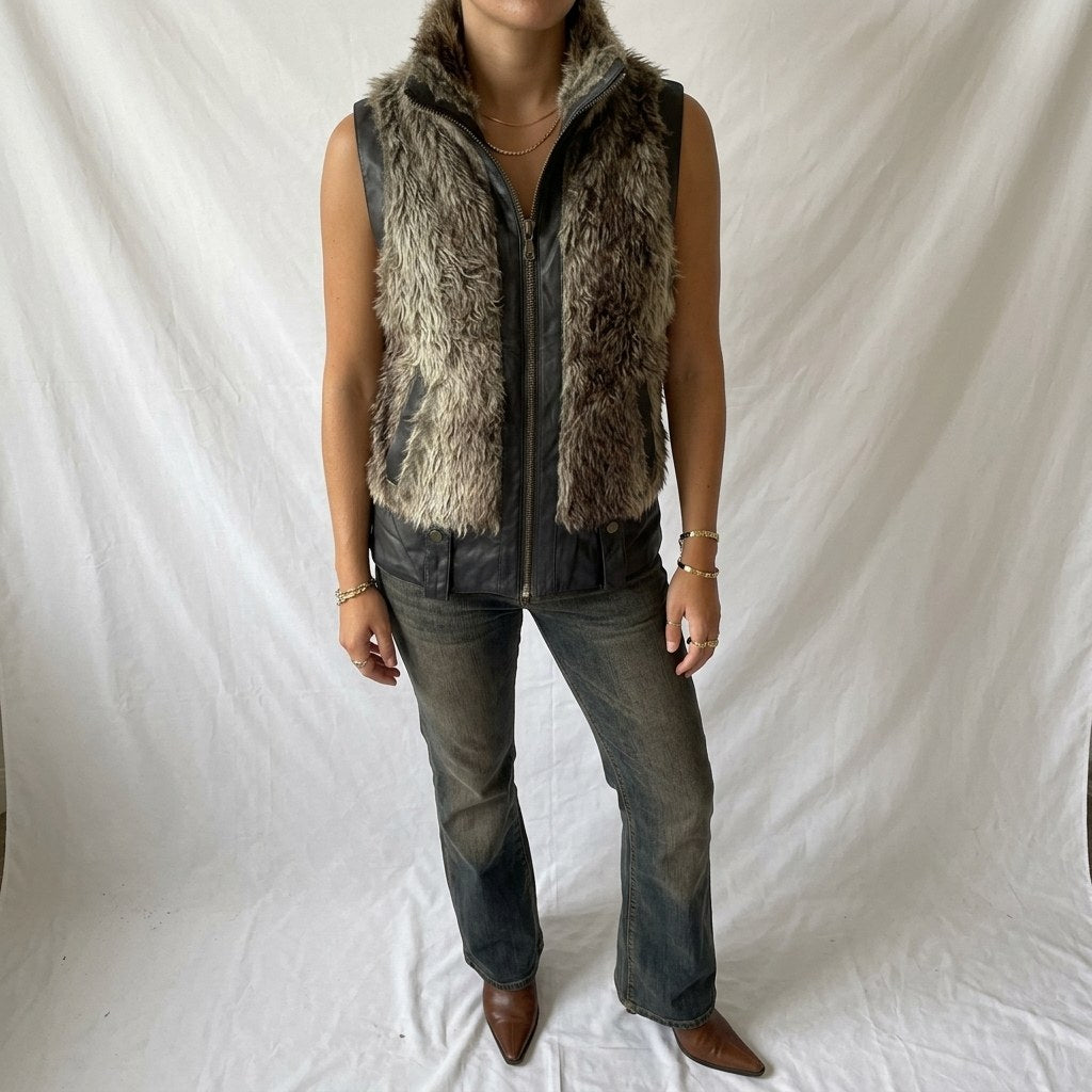 Vintage Y2K Jennyfer Faux Fur Gilet with Leather Look Panels