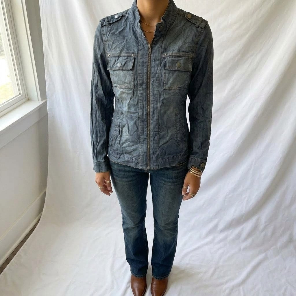 Vintage Y2K Dark Denim Zip Up Racer Jacket with Epaulettes