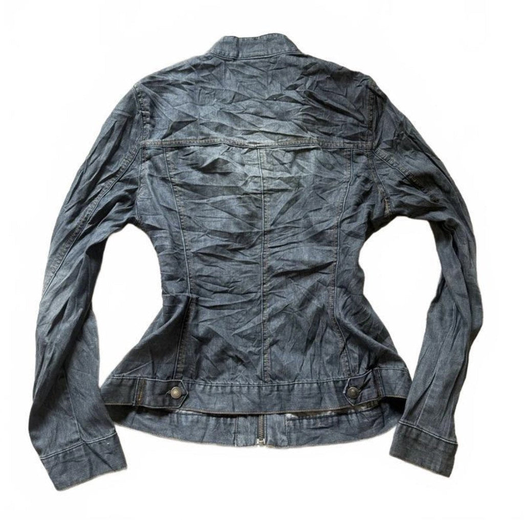 Vintage Y2K Dark Denim Zip Up Racer Jacket with Epaulettes detail 3