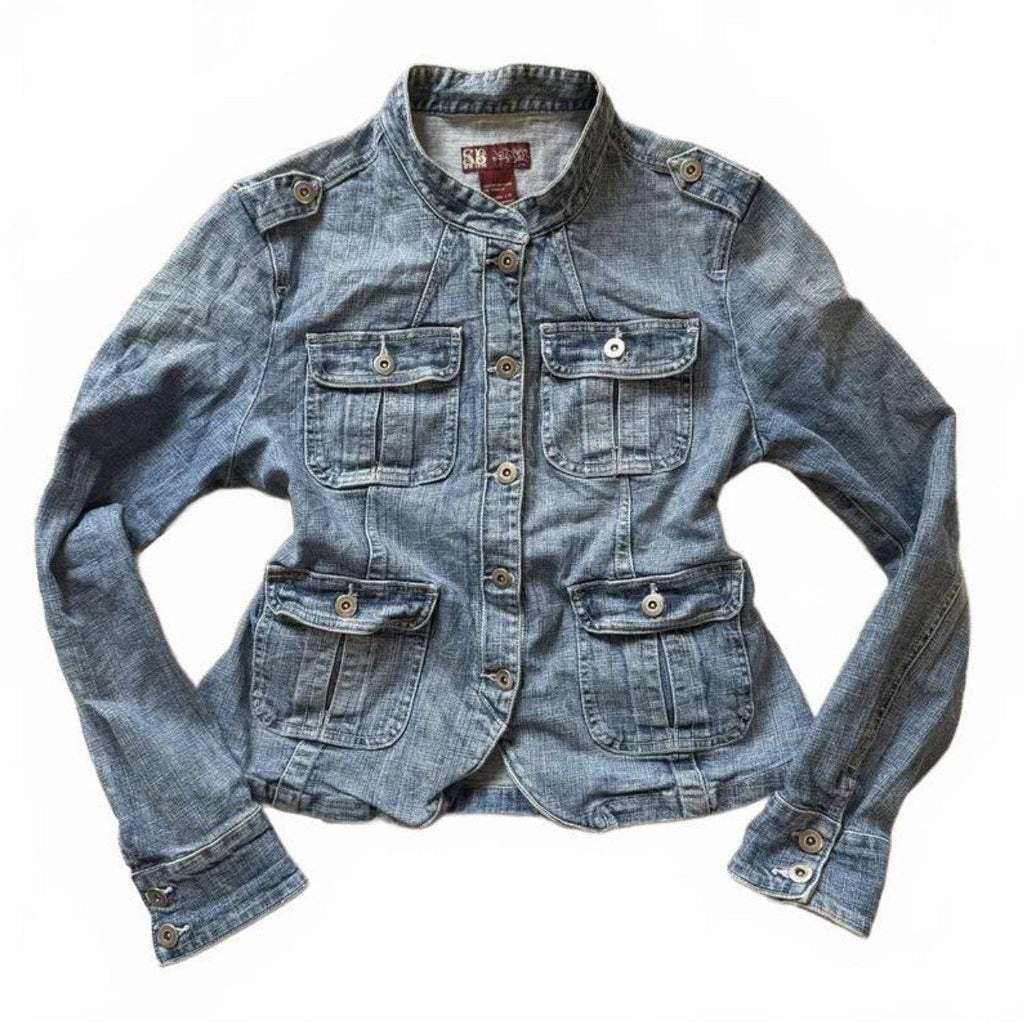 Vintage Y2K Mid Blue Denim Military Jacket with Four Flap Pockets detail 2