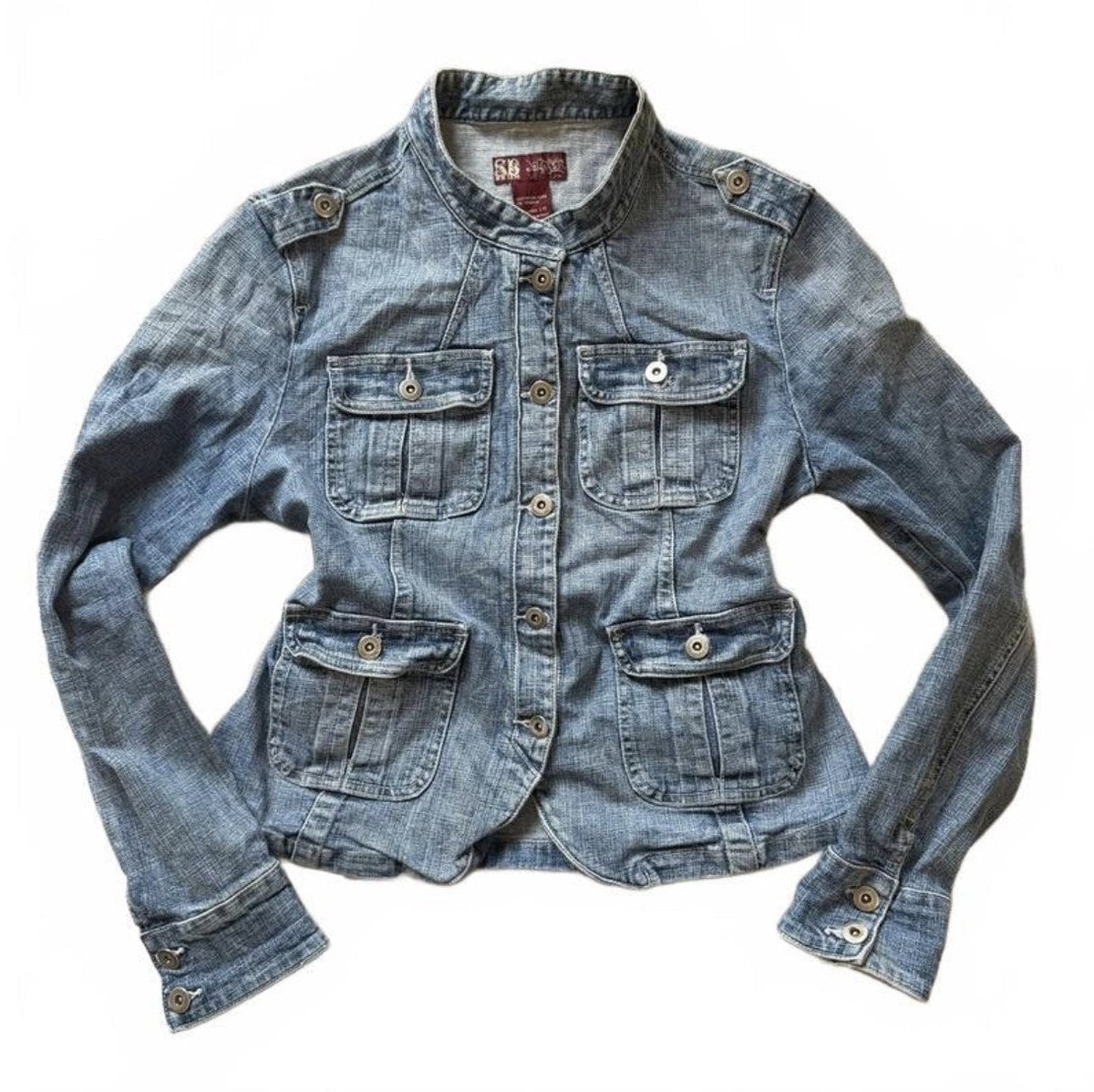 Vintage Y2K Mid Blue Denim Military Jacket with Four Flap Pockets detail 2