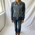 Vintage Y2K Naf Naf Denim Bomber Jacket with Navy Ribbed Hem