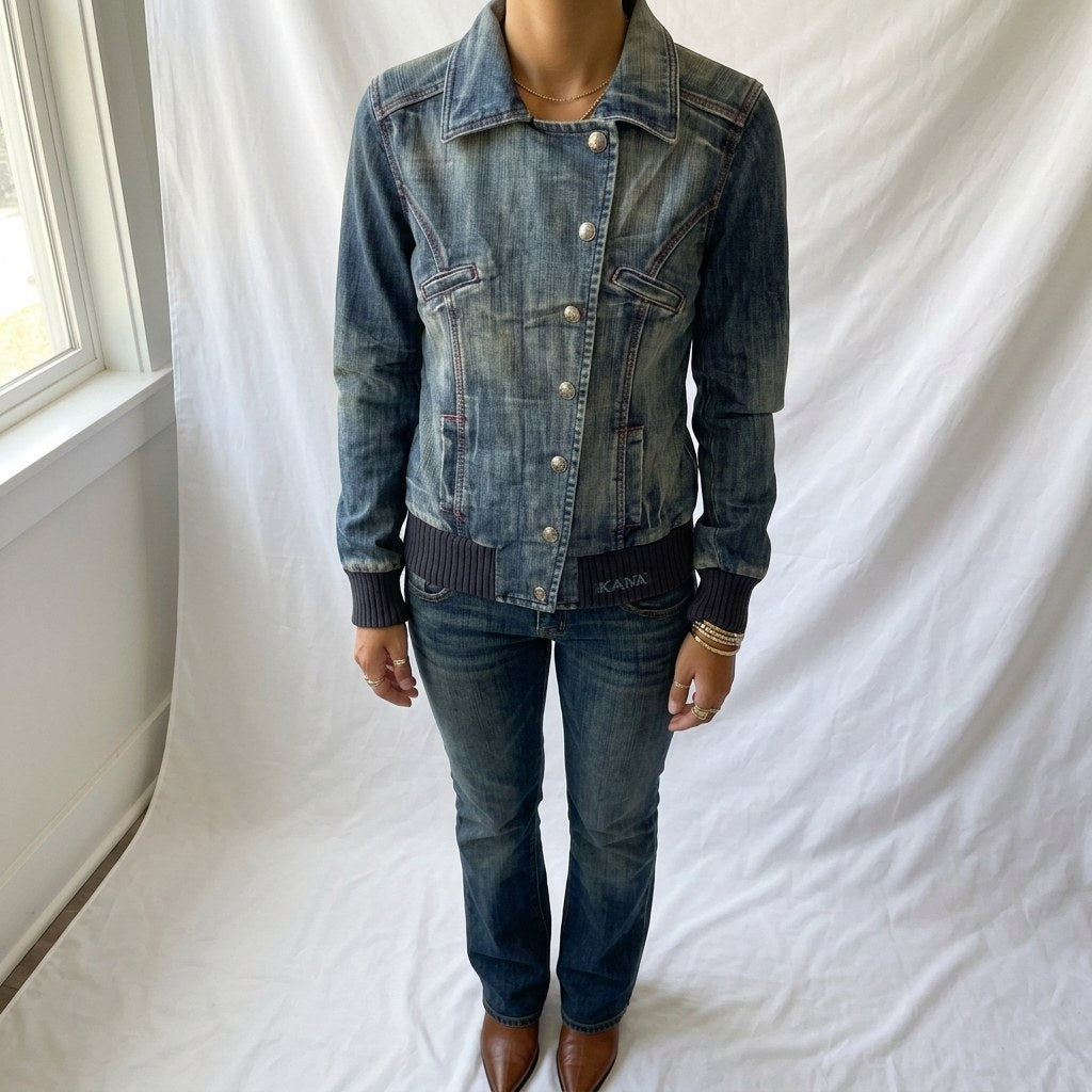 Vintage Y2K Naf Naf Denim Bomber Jacket with Navy Ribbed Hem
