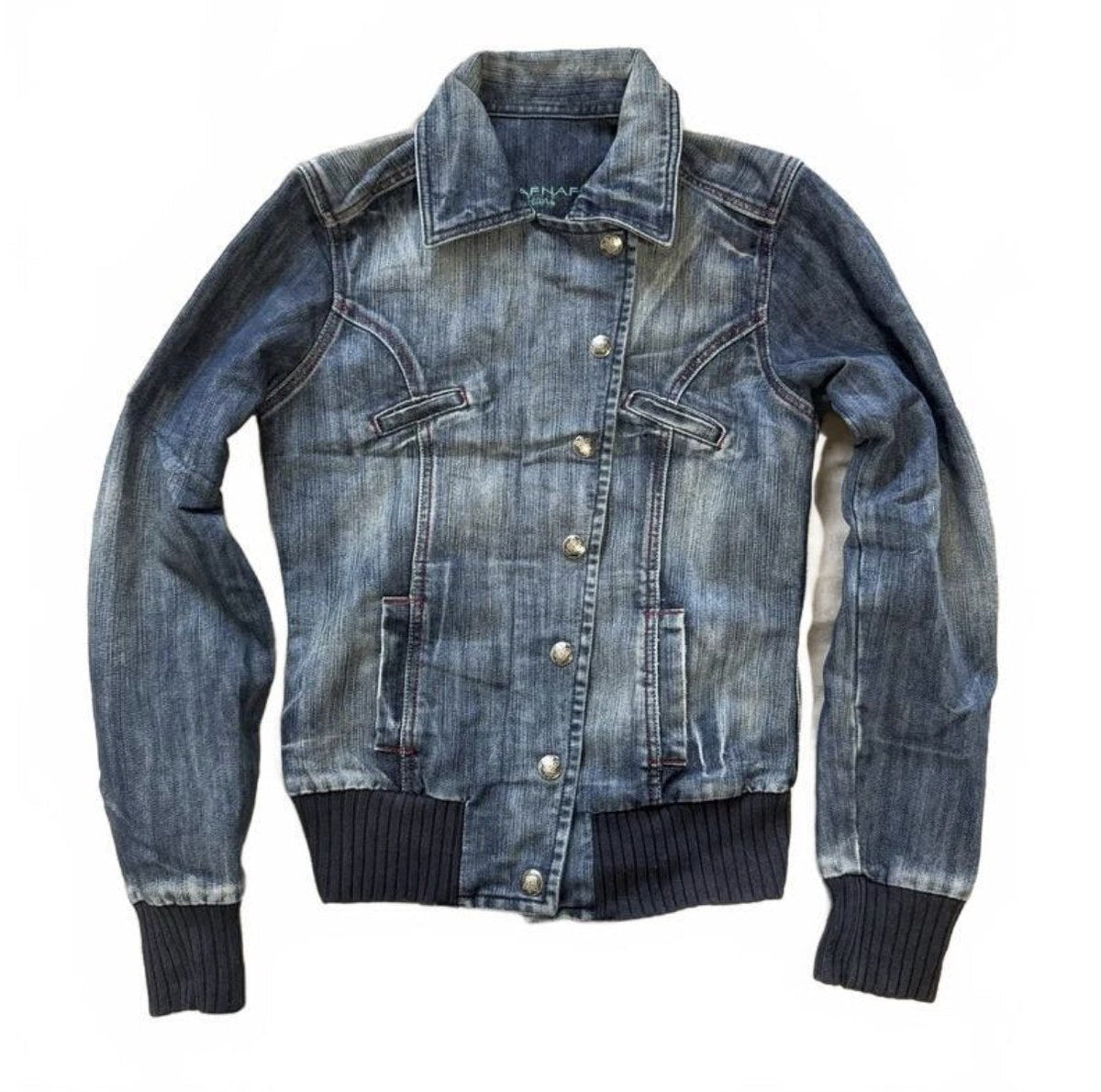Vintage Y2K Naf Naf Denim Bomber Jacket with Navy Ribbed Hem detail 2