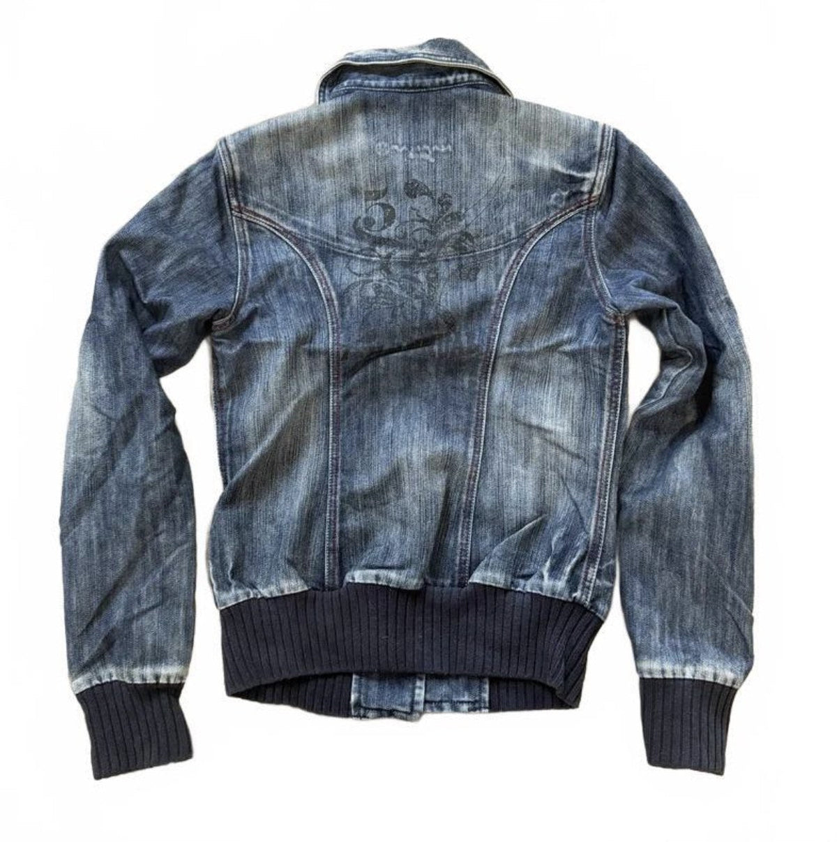 Vintage Y2K Naf Naf Denim Bomber Jacket with Navy Ribbed Hem detail 3