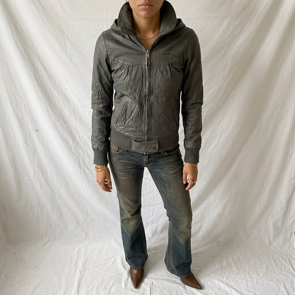 Vintage Y2K Grey Leather Hooded Zip Up Bomber Jacket