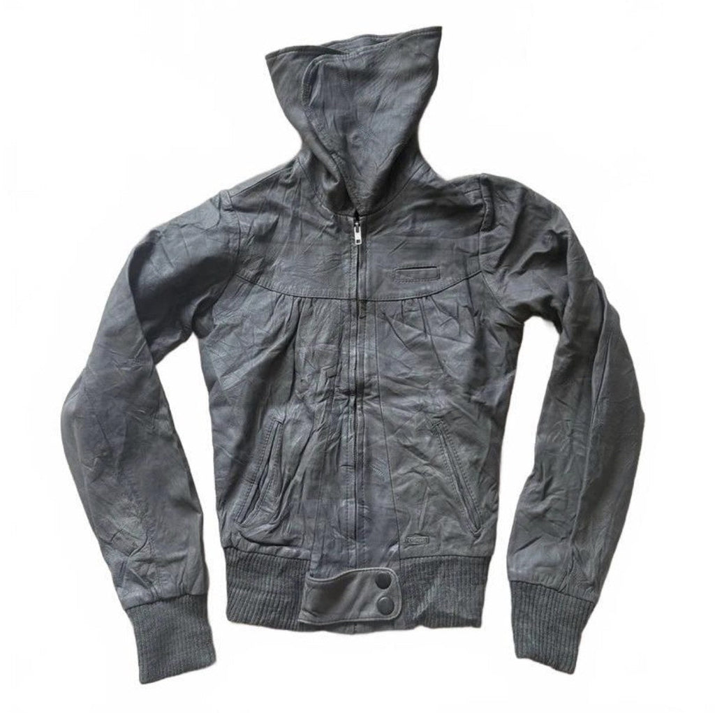 Vintage Y2K Grey Leather Hooded Zip Up Bomber Jacket detail 2