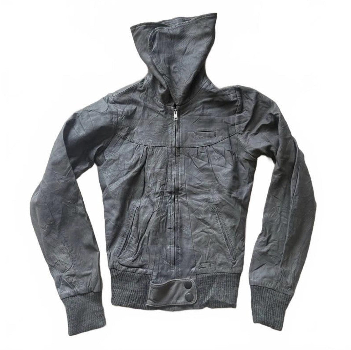 Vintage Y2K Grey Leather Hooded Zip Up Bomber Jacket detail 2
