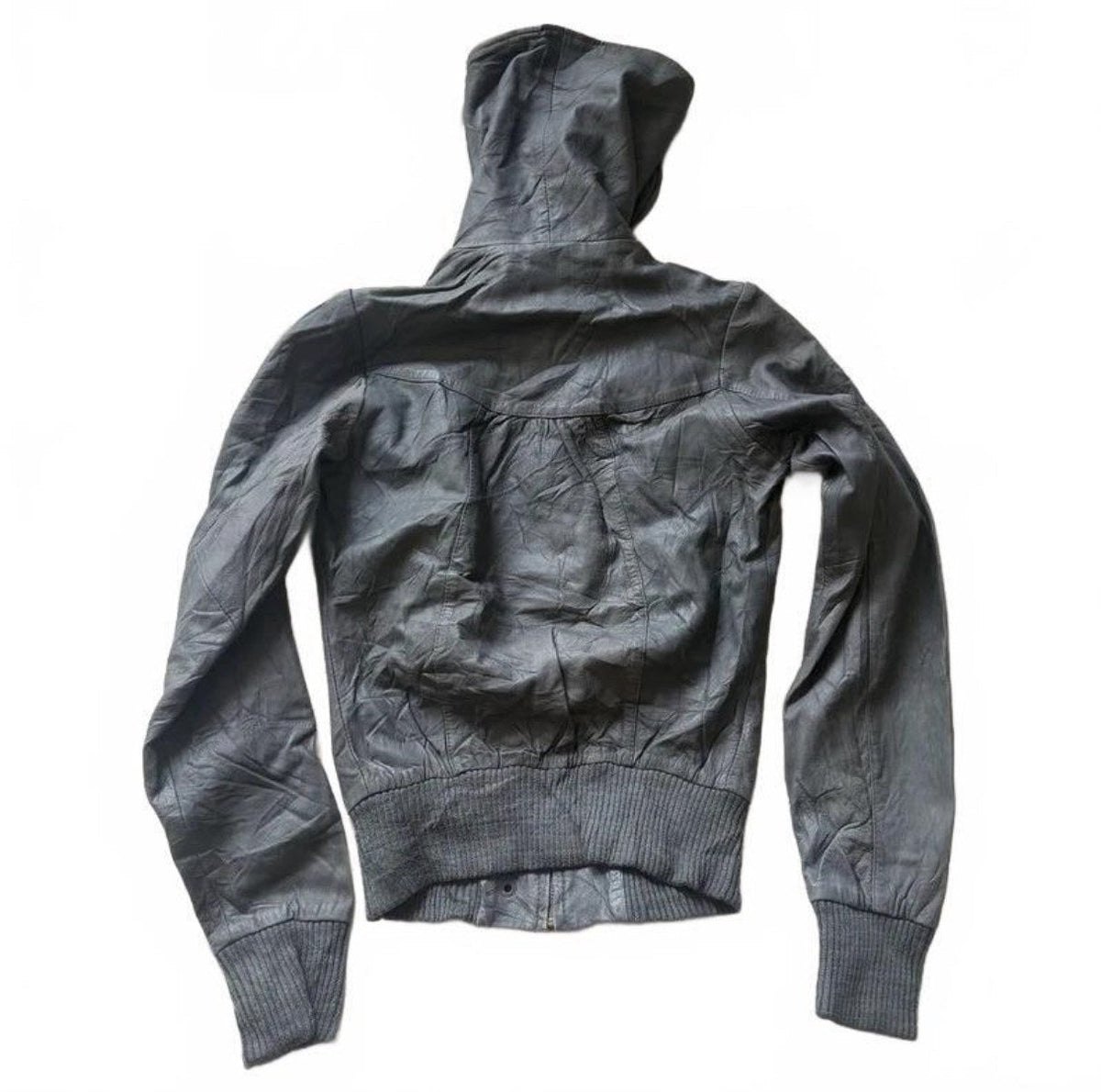 Vintage Y2K Grey Leather Hooded Zip Up Bomber Jacket detail 3