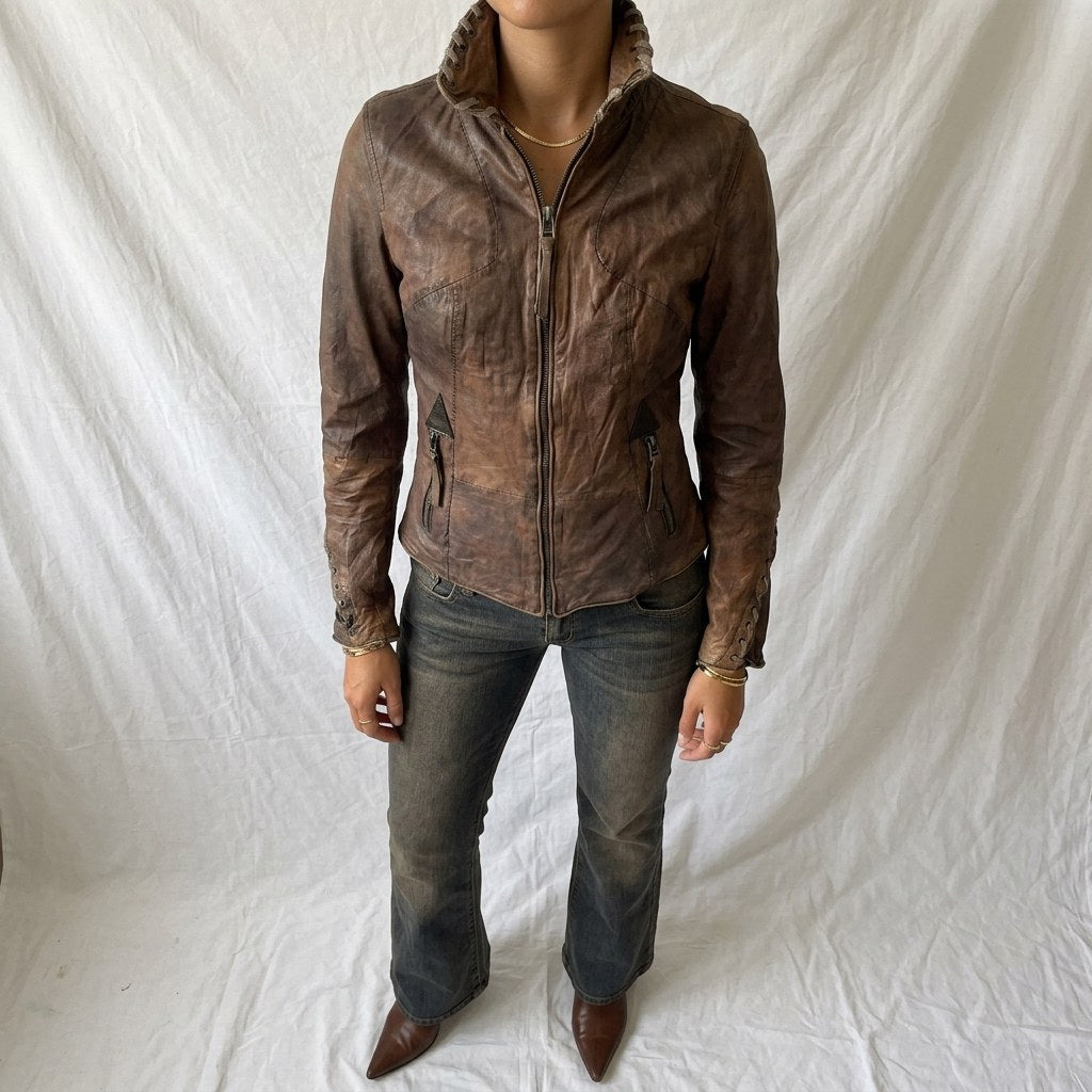 Vintage Y2K Burgundy Brown Leather Biker Jacket with Studded Cuffs