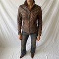 Vintage Y2K Burgundy Brown Leather Biker Jacket with Studded Cuffs