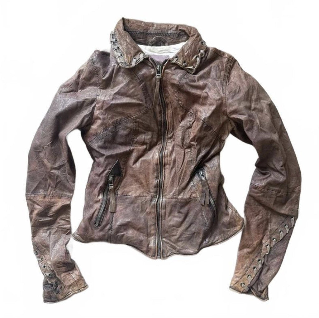 Vintage Y2K Burgundy Brown Leather Biker Jacket with Studded Cuffs detail 2