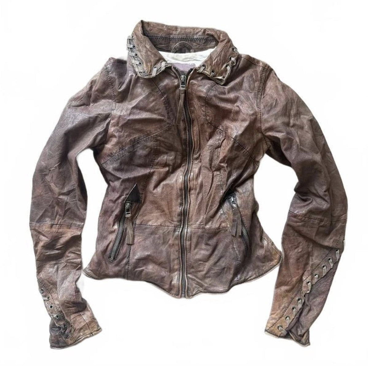 Vintage Y2K Burgundy Brown Leather Biker Jacket with Studded Cuffs detail 2