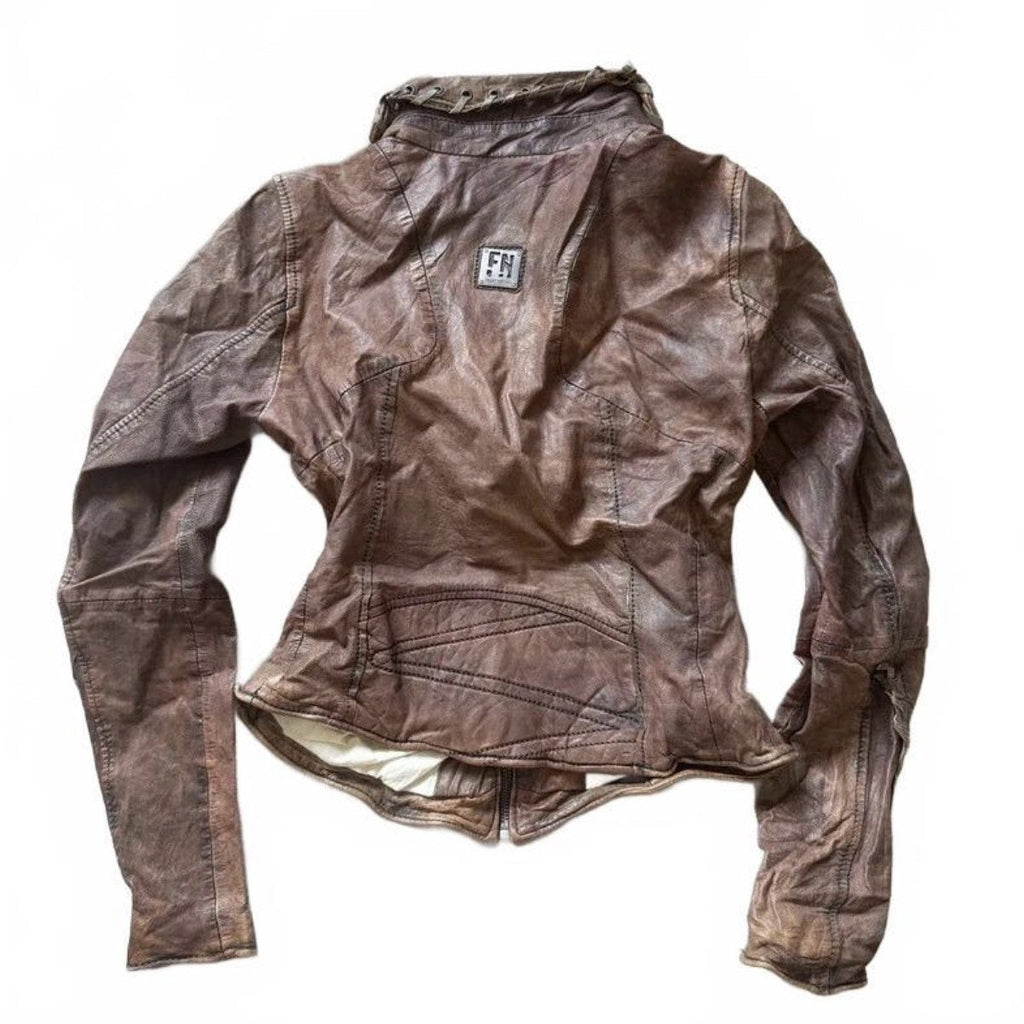 Vintage Y2K Burgundy Brown Leather Biker Jacket with Studded Cuffs detail 3