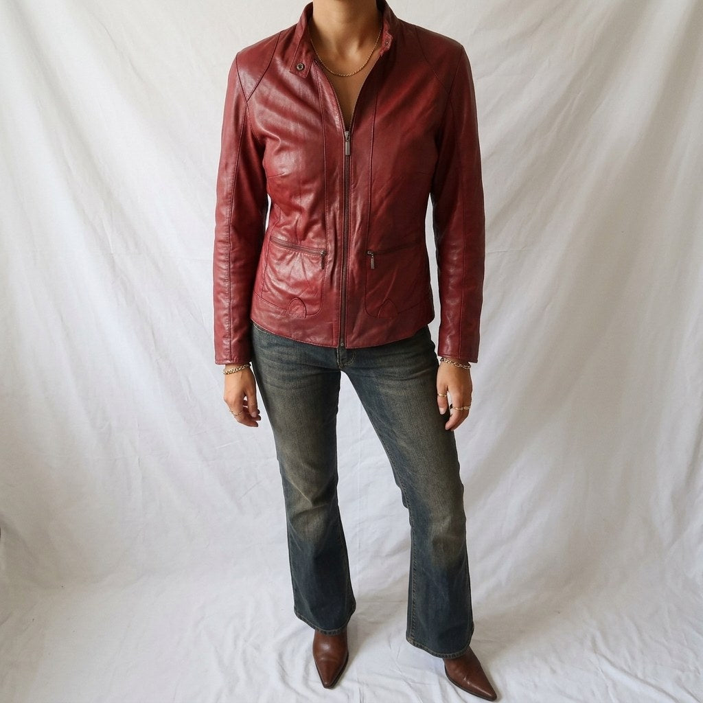 Vintage Y2K Danier Red Leather Fitted Moto Jacket
