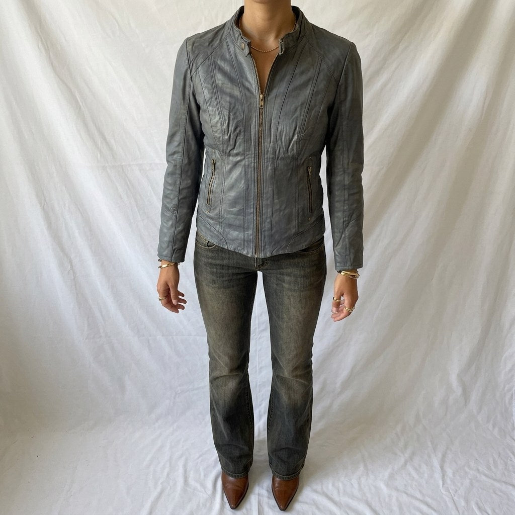 Vintage Y2K Naf Naf Grey Leather Moto Jacket with Snake Print Trim